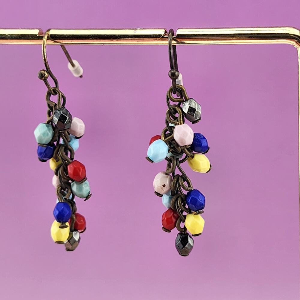 Multicolor Faceted Bead Cluster Dangle Earrings Bronze Tone Boho Rainbow